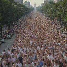 A vast crowd of extremely thin people moving towards the camera on a wide city boulevard, all smiling.