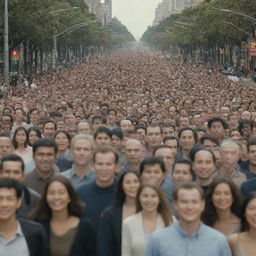 A vast crowd of extremely thin people moving towards the camera on a wide city boulevard, all smiling.