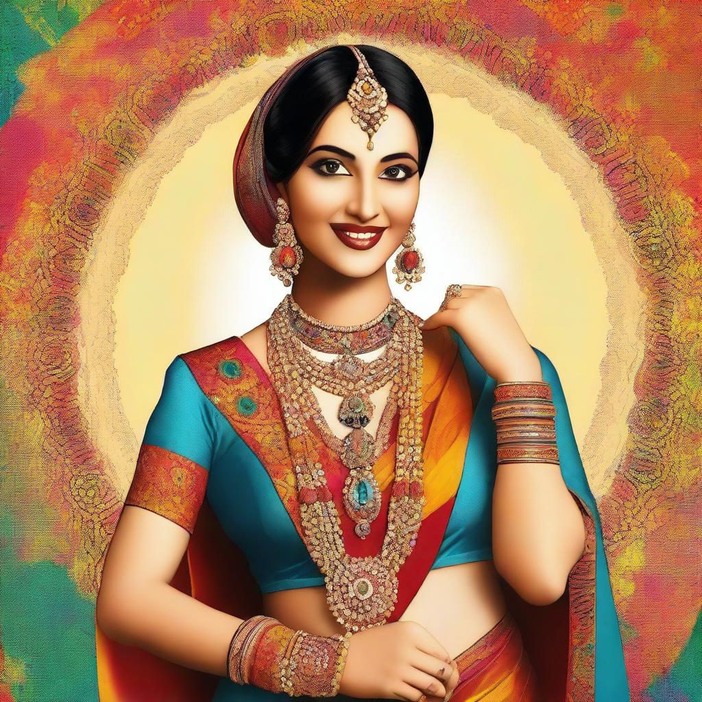 A digital art image of a confident woman, dressed in traditional Indian attire, striking a dynamic pose