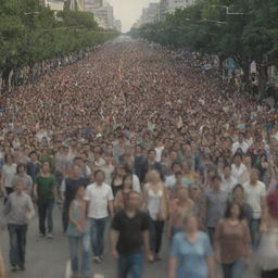 A vast crowd of extremely thin people moving towards the camera on a wide city boulevard, all smiling.