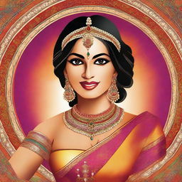 A digital art image of a confident woman, dressed in traditional Indian attire, striking a dynamic pose