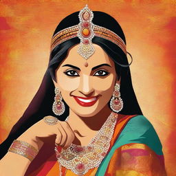 A digital art image of a confident woman, dressed in traditional Indian attire, striking a dynamic pose