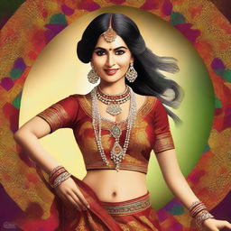 A digital art image of a confident woman, dressed in traditional Indian attire, striking a dynamic pose