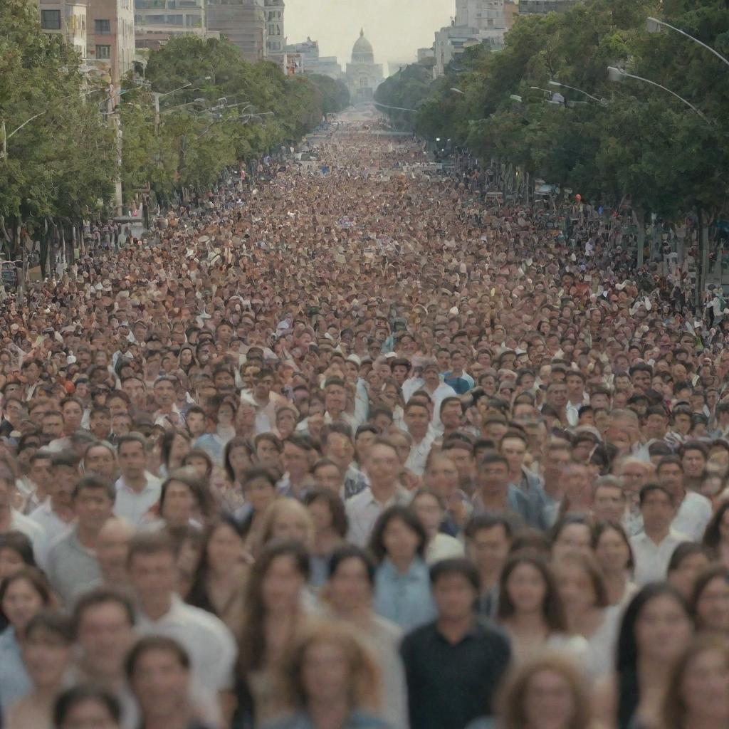 A vast crowd of extremely thin people moving towards the camera on a wide city boulevard, all smiling.