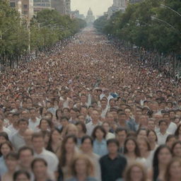 A vast crowd of extremely thin people moving towards the camera on a wide city boulevard, all smiling.