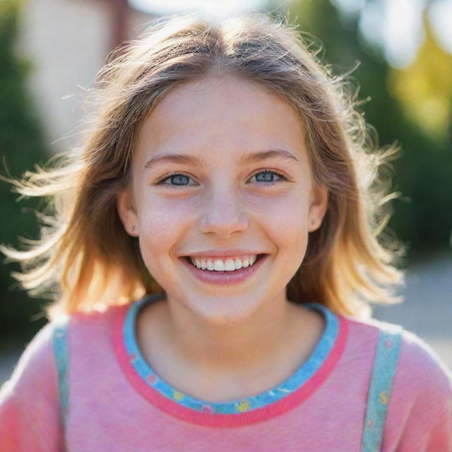 A portrait of a young girl with sparkling eyes and a joy-filled smile, adorned in colorful, casual clothing under a bright daylight