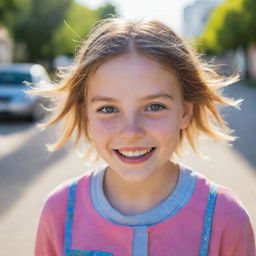 A portrait of a young girl with sparkling eyes and a joy-filled smile, adorned in colorful, casual clothing under a bright daylight