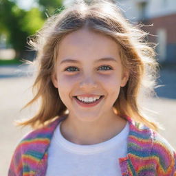 A portrait of a young girl with sparkling eyes and a joy-filled smile, adorned in colorful, casual clothing under a bright daylight