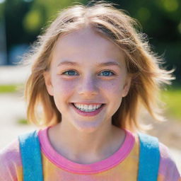 A portrait of a young girl with sparkling eyes and a joy-filled smile, adorned in colorful, casual clothing under a bright daylight