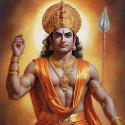 A majestic, vibrant image of Lord Ram, the prophetic hero of the Ramayana, dressed in traditional attire, radiating a serene and peaceful energy.