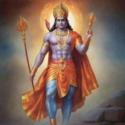 A majestic, vibrant image of Lord Ram, the prophetic hero of the Ramayana, dressed in traditional attire, radiating a serene and peaceful energy.