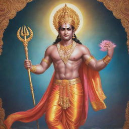 A majestic, vibrant image of Lord Ram, the prophetic hero of the Ramayana, dressed in traditional attire, radiating a serene and peaceful energy.