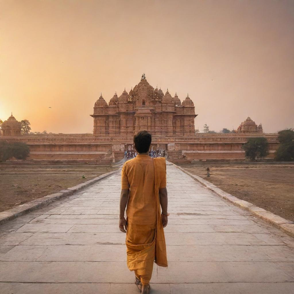 Aditya Rauniyar walking towards the grand Ram Mandir with a golden sunset sky in the backdrop