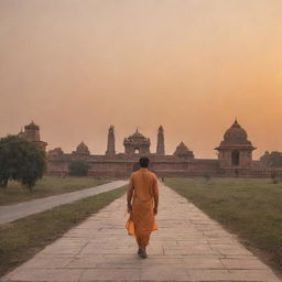 Aditya Rauniyar walking towards the grand Ram Mandir with a golden sunset sky in the backdrop