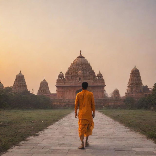 Aditya Rauniyar walking towards the grand Ram Mandir with a golden sunset sky in the backdrop