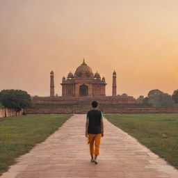 Aditya Rauniyar walking towards the grand Ram Mandir with a golden sunset sky in the backdrop