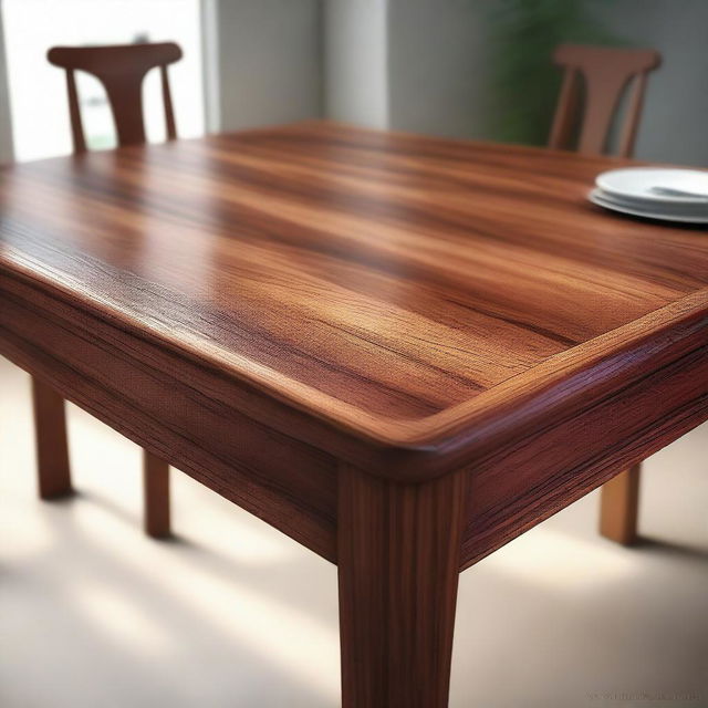 A high-quality digital art image showing a wooden table