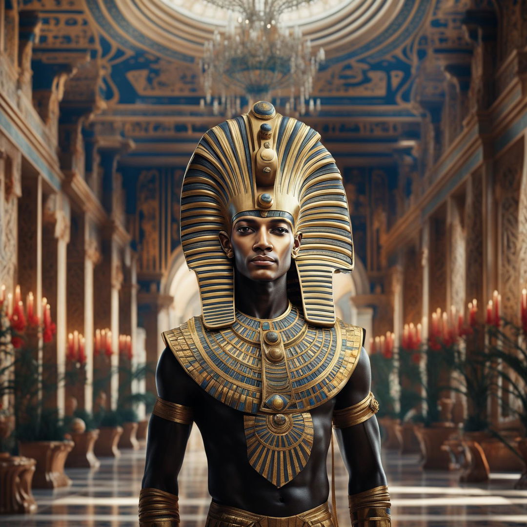 Hyper-realistic 3D photograph of a majestic black Egyptian pharaoh in a Rococo-style great hall filled with vibrant flowers and overlooking a vast desert. High-definition close-up shot capturing minute details with a cinematic quality.