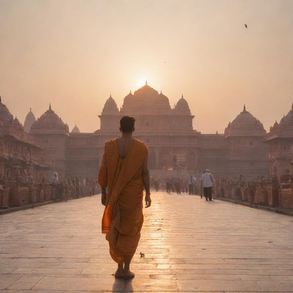 Aditya, a man dressed in traditional Indian clothing, walking towards the majestic Ram Mandir, lit beautifully against the setting sun.