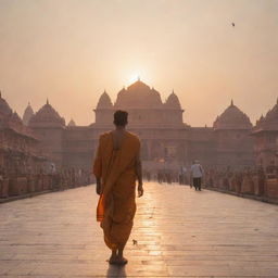 Aditya, a man dressed in traditional Indian clothing, walking towards the majestic Ram Mandir, lit beautifully against the setting sun.