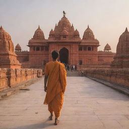 Aditya, a man dressed in traditional Indian clothing, walking towards the majestic Ram Mandir, lit beautifully against the setting sun.