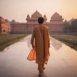 Aditya, a man dressed in traditional Indian clothing, walking towards the majestic Ram Mandir, lit beautifully against the setting sun.