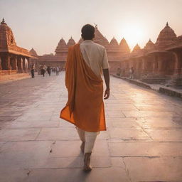 Aditya, a man dressed in traditional Indian clothing, walking towards the majestic Ram Mandir, lit beautifully against the setting sun.