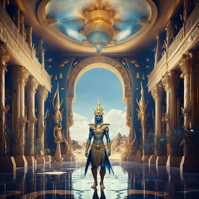 Hyper-realistic 3D photograph of a majestic alien Egyptian pharaoh in a Rococo-style great hall filled with vibrant flowers and overlooking a vast desert. High-definition close-up shot capturing minute details with a cinematic quality.