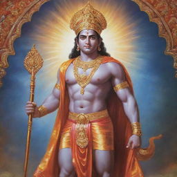 A majestic, vibrant image of Lord Ram, the prophetic hero of the Ramayana, dressed in traditional attire, radiating a serene and peaceful energy.