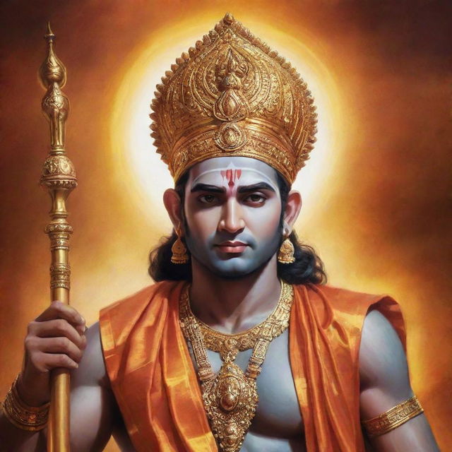 A majestic, vibrant image of Lord Ram, the prophetic hero of the Ramayana, dressed in traditional attire, radiating a serene and peaceful energy.