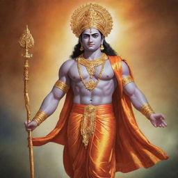 A majestic, vibrant image of Lord Ram, the prophetic hero of the Ramayana, dressed in traditional attire, radiating a serene and peaceful energy.