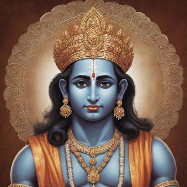 A graphic illustration of the Hindu God, Shree Ram, in regal attire and benevolent expression, with 'Vinesh' subtly inscribed in an artistic style.