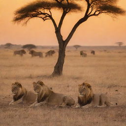 A pride of lions basking in the golden twilight, with a dramatic African savannah backdrop.