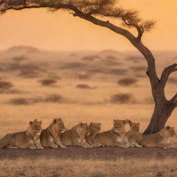 A pride of lions basking in the golden twilight, with a dramatic African savannah backdrop.