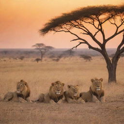 A pride of lions basking in the golden twilight, with a dramatic African savannah backdrop.