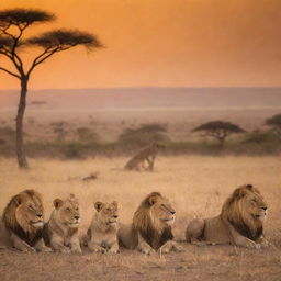 A pride of lions basking in the golden twilight, with a dramatic African savannah backdrop.