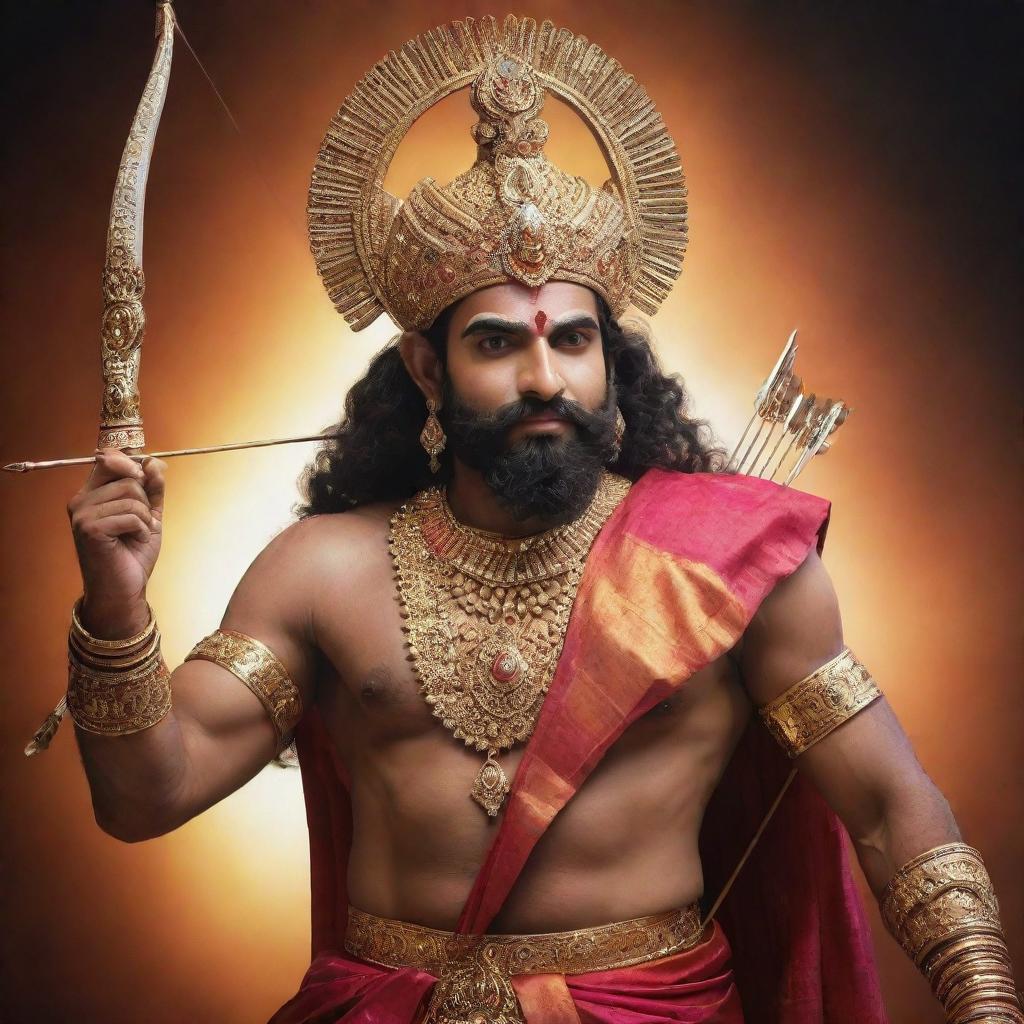 A brilliantly vivid image of God Ram in traditional attire adorned with jewelry, holding a bow and arrow, with a radiant aura surrounding him.