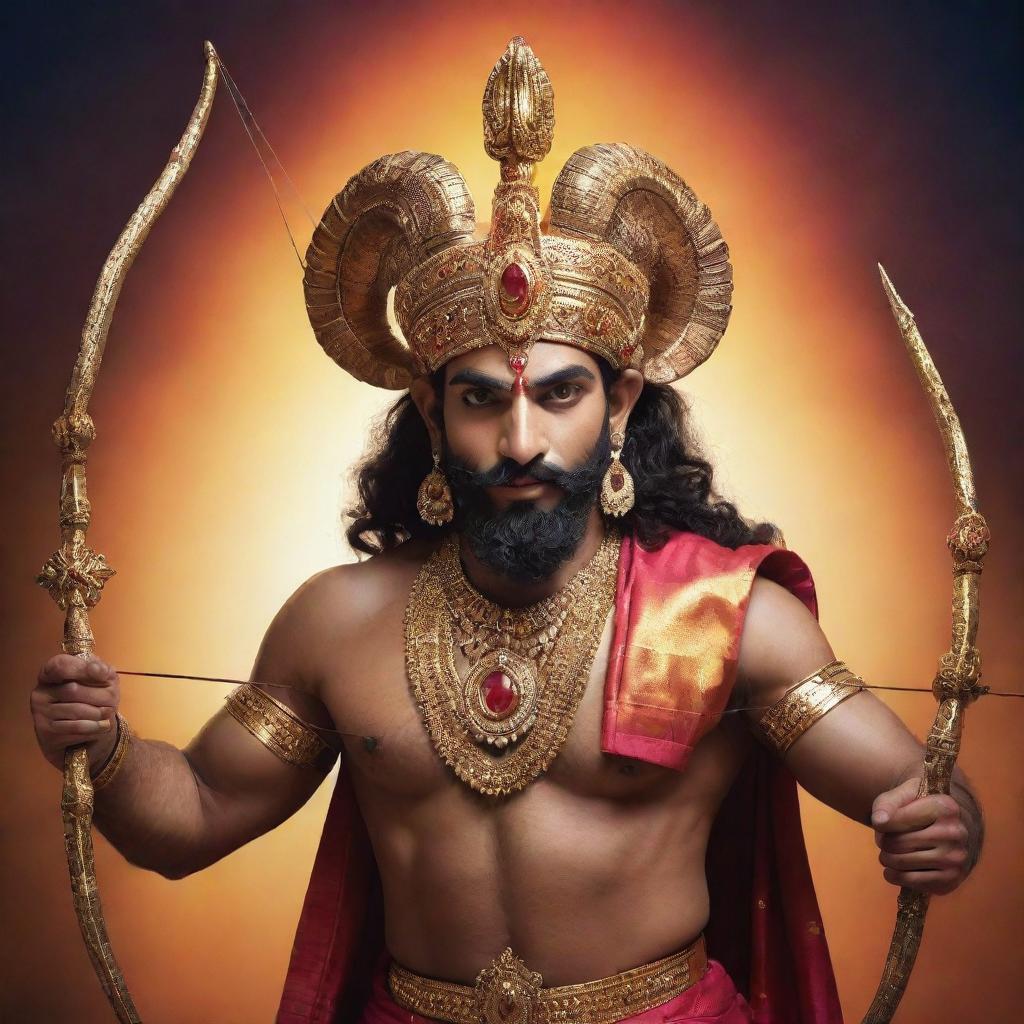 A brilliantly vivid image of God Ram in traditional attire adorned with jewelry, holding a bow and arrow, with a radiant aura surrounding him.