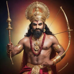 A brilliantly vivid image of God Ram in traditional attire adorned with jewelry, holding a bow and arrow, with a radiant aura surrounding him.