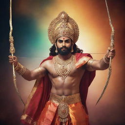 A brilliantly vivid image of God Ram in traditional attire adorned with jewelry, holding a bow and arrow, with a radiant aura surrounding him.