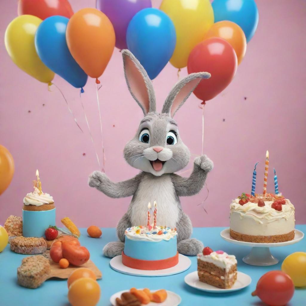 A 3D Disney-style depiction of a delightful rabbit celebrating its birthday, surrounded by festive items such as a birthday hat, colorful balloons, and a slice of carrot cake.