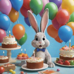 A 3D Disney-style depiction of a delightful rabbit celebrating its birthday, surrounded by festive items such as a birthday hat, colorful balloons, and a slice of carrot cake.