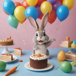 A 3D Disney-style depiction of a delightful rabbit celebrating its birthday, surrounded by festive items such as a birthday hat, colorful balloons, and a slice of carrot cake.