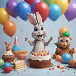 A 3D Disney-style depiction of a delightful rabbit celebrating its birthday, surrounded by festive items such as a birthday hat, colorful balloons, and a slice of carrot cake.