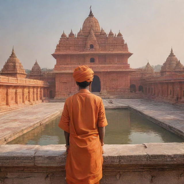 A digital representation of user in the historic setting of Ayodhya Ram Mandir, dressed in traditional Indian clothing, and the grandeur of the temple in the background.