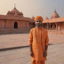 A digital representation of user in the historic setting of Ayodhya Ram Mandir, dressed in traditional Indian clothing, and the grandeur of the temple in the background.