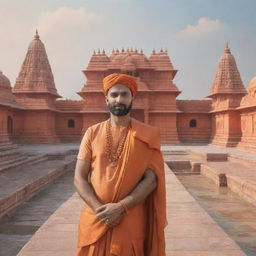 A digital representation of user in the historic setting of Ayodhya Ram Mandir, dressed in traditional Indian clothing, and the grandeur of the temple in the background.