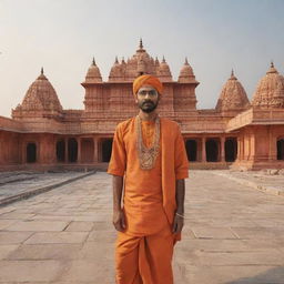 A digital representation of user in the historic setting of Ayodhya Ram Mandir, dressed in traditional Indian clothing, and the grandeur of the temple in the background.