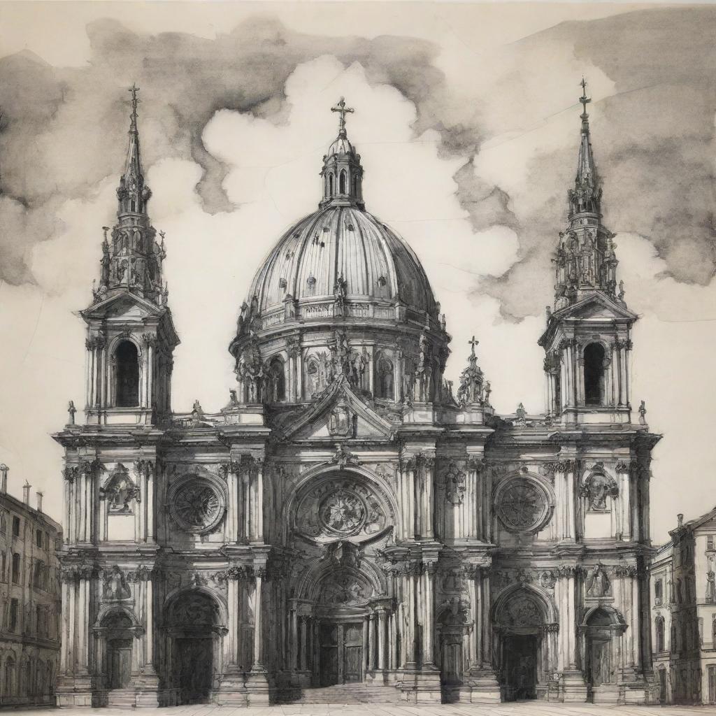 An expressive ink drawing of a Renaissance cathedral enhanced with spatial elements, highlighted by dramatic lines. The backdrop is a stylized Baroque scene.