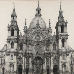 An expressive ink drawing of a Renaissance cathedral enhanced with spatial elements, highlighted by dramatic lines. The backdrop is a stylized Baroque scene.